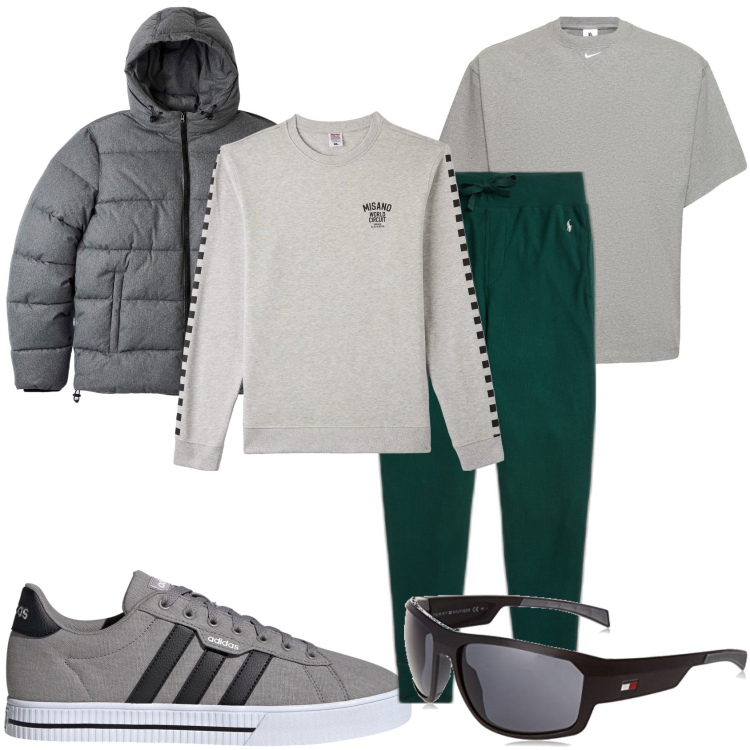 Outfit uomo - il sabato e la domenica. Stile Casual per Tutti i giorni. Abbinamento con felpe, piumini, pantaloni, sneakers, occhiali da sole, t-shirt.