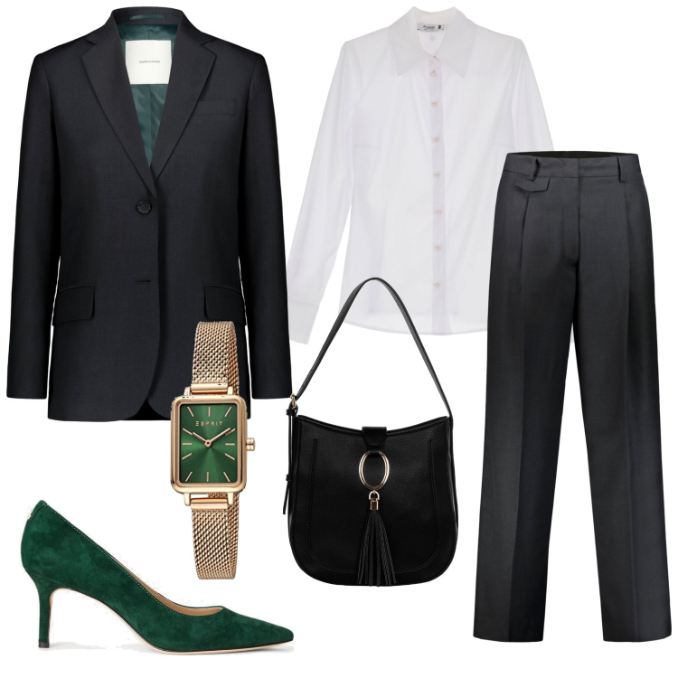 Outfit donna - In riunione. Stile Mannish per Ufficio. Abbinamento con borse a spalla, camicie, décolleté, pantaloni, blazer, orologi.