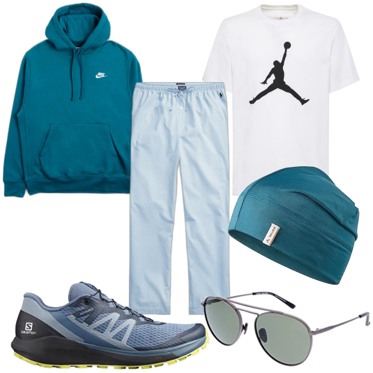 Outfit uomo - Il sabato e la domenica con amici. Stile Casual per Tutti i giorni. Abbinamento con felpe con cappuccio, pantaloni, t-shirt, berretti, occhiali da sole, scarpe sportive.