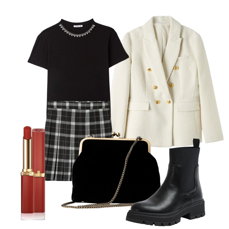 Outfit donna - Ghost outfitter - ottobre. Stile Preppy per Tutti i giorni. Abbinamento con rossetti, t-shirt, minigonne, blazer, stivali sopra il ginocchio, clutch.