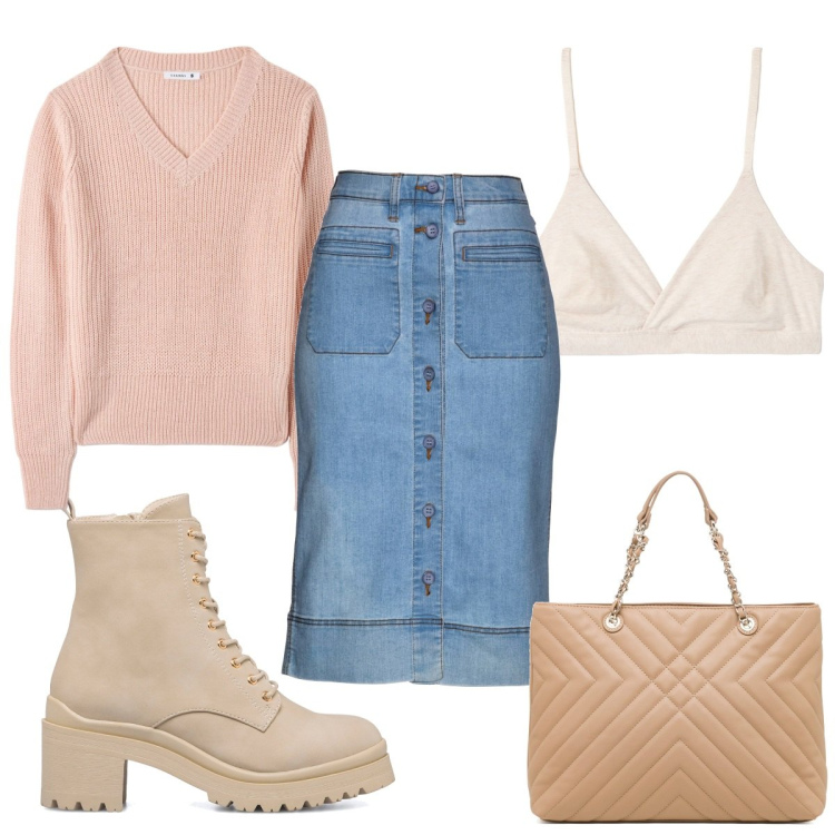 Outfit donna - Total look #1741990. Stile Basic per Tutti i giorni. Abbinamento con gonne, maglieria, reggiseni, borse a spalla, anfibi.