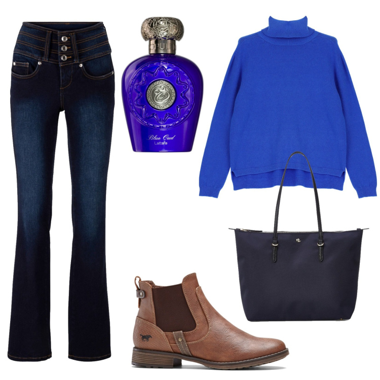 Outfit donna - Jeans e stivaletti. Stile Basic per Tutti i giorni. Abbinamento con jeans bootcut, stivaletti chelsea, profumi, maglieria, borse tote.