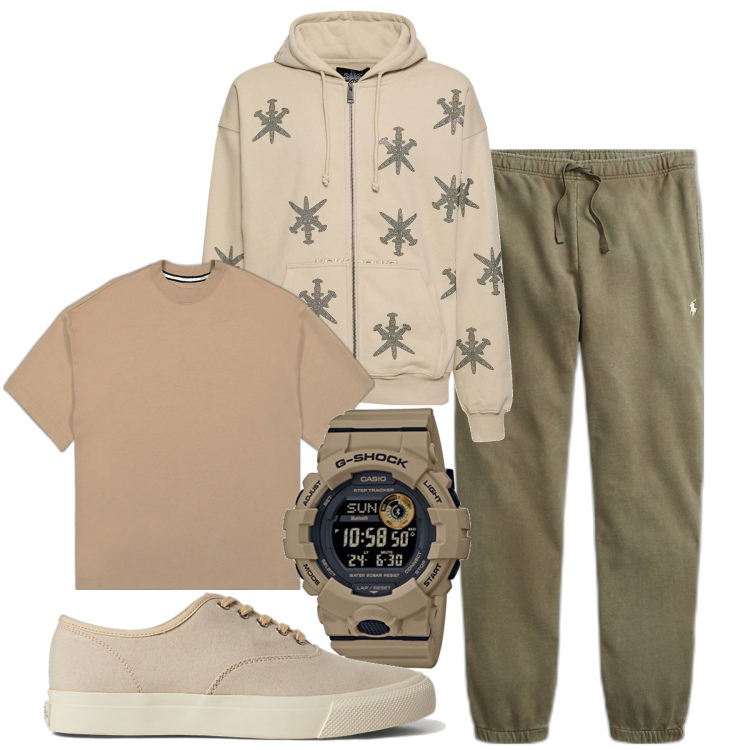Outfit uomo - Ora sport. Stile Urban per Sport. Abbinamento con t-shirt, sneakers, pantaloni, orologi digitali, felpe con cappuccio.