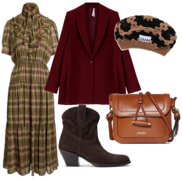 Outfit donna - Una gita in campagna. Stile Vintage retrò per Tutti i giorni. Abbinamento con cappotti, stivaletti, vestiti, borse a spalla, cappelli.