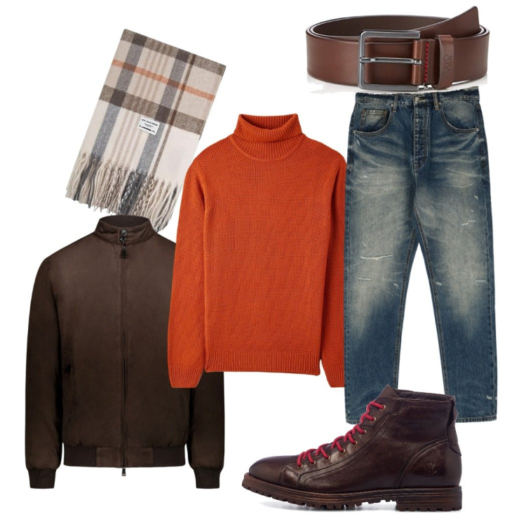 Outfit uomo - Autumnal. Stile Urban per Tutti i giorni. Abbinamento con jeans dritti, cappotti, anfibi, maglieria, cinture, sciarpe.