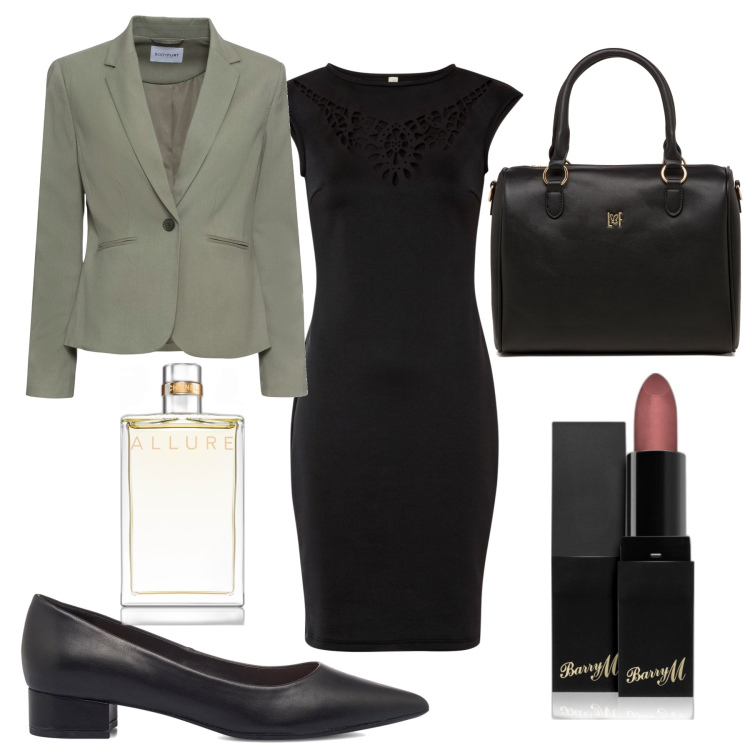 Outfit donna - Stipula style. Stile Basic per Ufficio. Abbinamento con blazer, vestiti, rossetti, profumi, décolleté, borse a mano.
