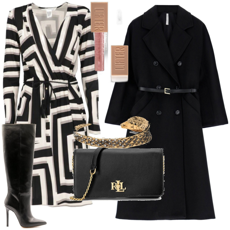 Outfit donna - Total look #1742099. Stile Chic per Tutti i giorni. Abbinamento con vestiti midi/longuette, gloss, stivali, cappotti, borse a tracolla, braccialetti.
