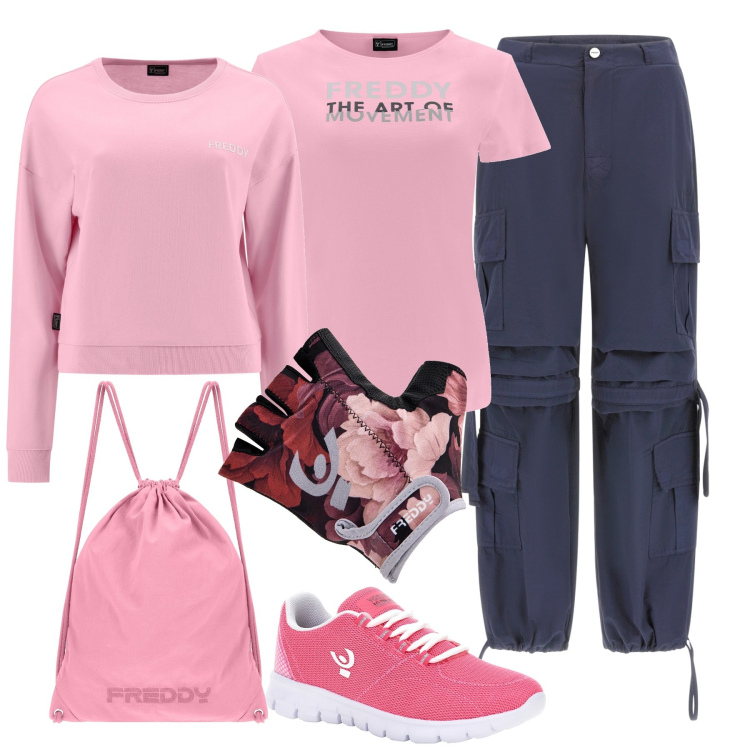 Outfit donna - Gita in bicicletta. Stile Sporty chic per Sport. Abbinamento con pantaloni cargo, guanti, felpe, sneakers, zaini, t-shirt.