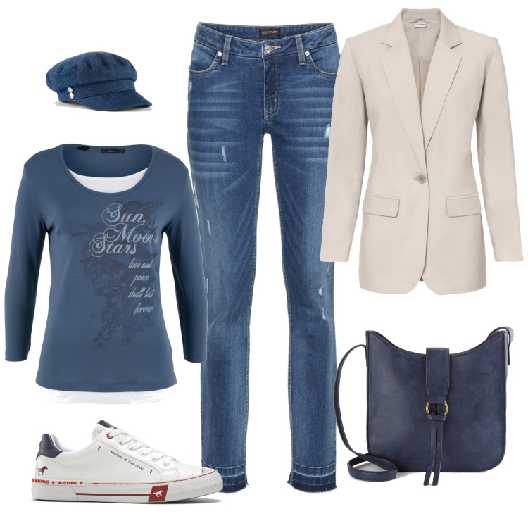 Outfit donna - Shopping bonprix. Stile Casual per Tutti i giorni. Abbinamento con maglieria, jeans skinny, blazer, sneakers, borse a tracolla, cappelli.