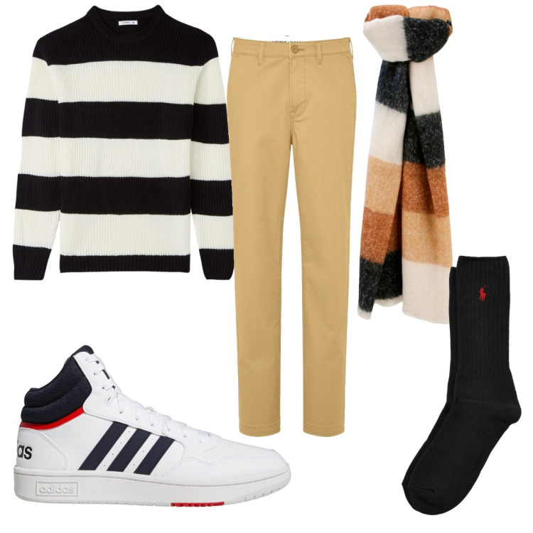 Outfit uomo - Total look #1742153. Stile Casual per Tutti i giorni. Abbinamento con maglieria, sciarpe, calzini, pantaloni chino, sneakers alte.