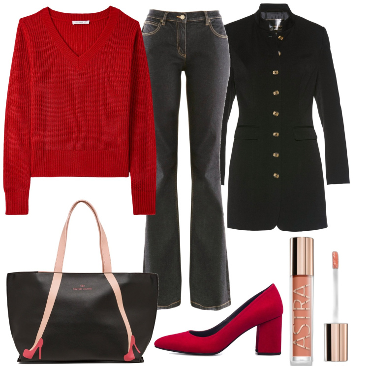 Outfit donna - Scarpe rosse. Stile Casual chic per Ufficio. Abbinamento con jeans bootcut, blazer, gloss, maglieria, borse a spalla, décolleté.