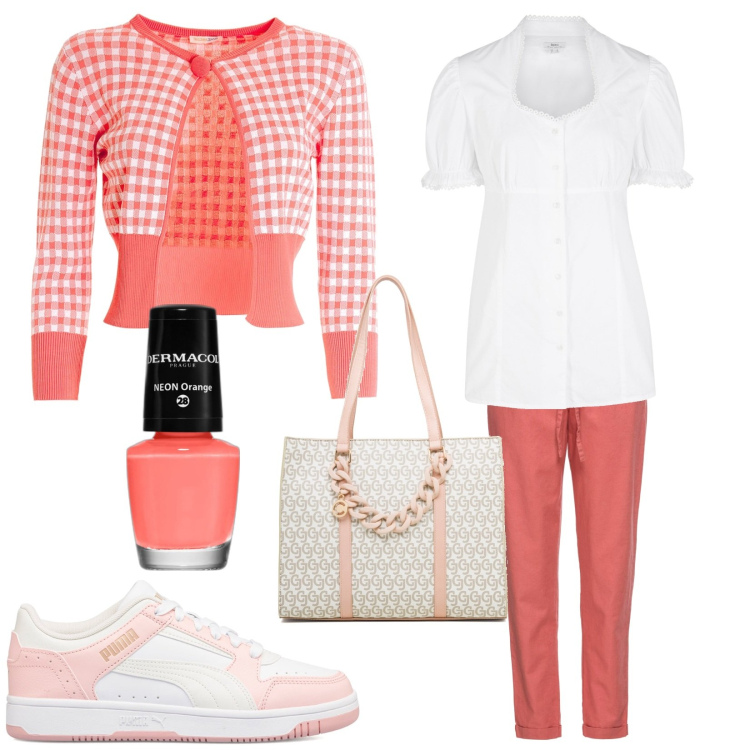 Outfit donna - A passeggio in centro. Stile Casual chic per Tutti i giorni. Abbinamento con pantaloni, camicie, smalti, cardigans, sneakers, borse a spalla.