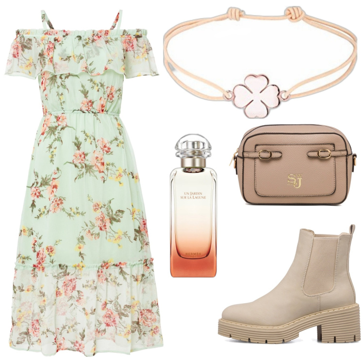 Outfit donna - Toni chiari. Stile Casual chic per Tutti i giorni. Abbinamento con vestiti corti, profumi, stivaletti, borse a tracolla, braccialetti.