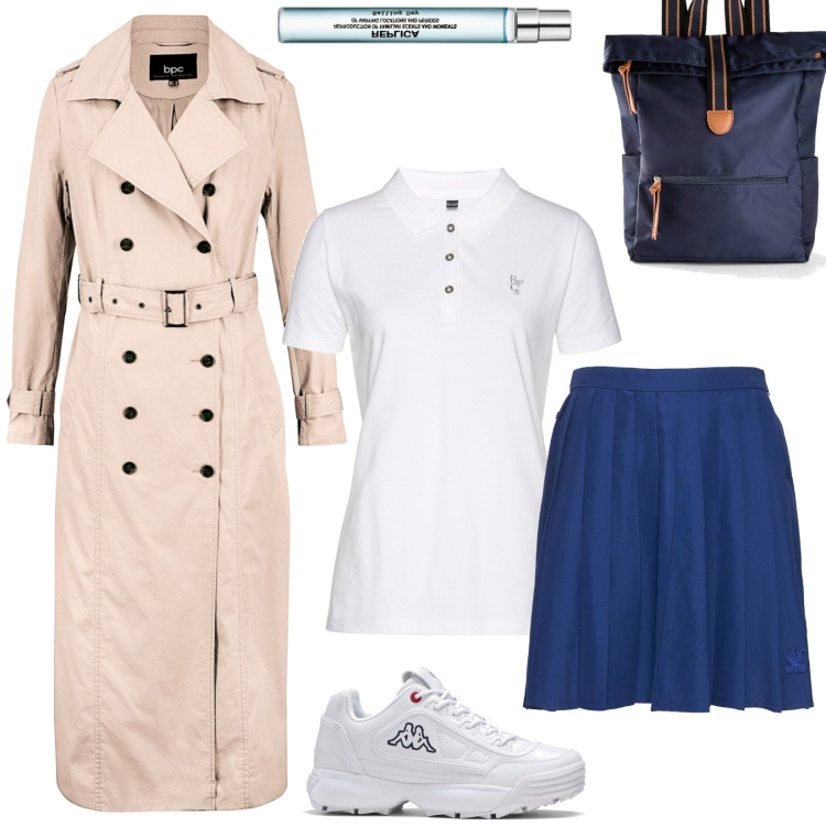 Outfit donna - Look sportivo chic. Stile Sporty chic per Tutti i giorni. Abbinamento con zaini, trench, sneakers, polo, profumi, gonne.