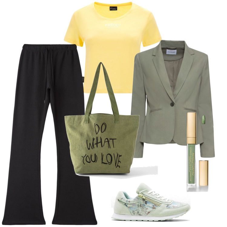 Outfit donna - Sportiva ed elegante. Stile Casual per Tutti i giorni. Abbinamento con blazer, sneakers, shopping bag, correttori, pantaloni, t-shirt.