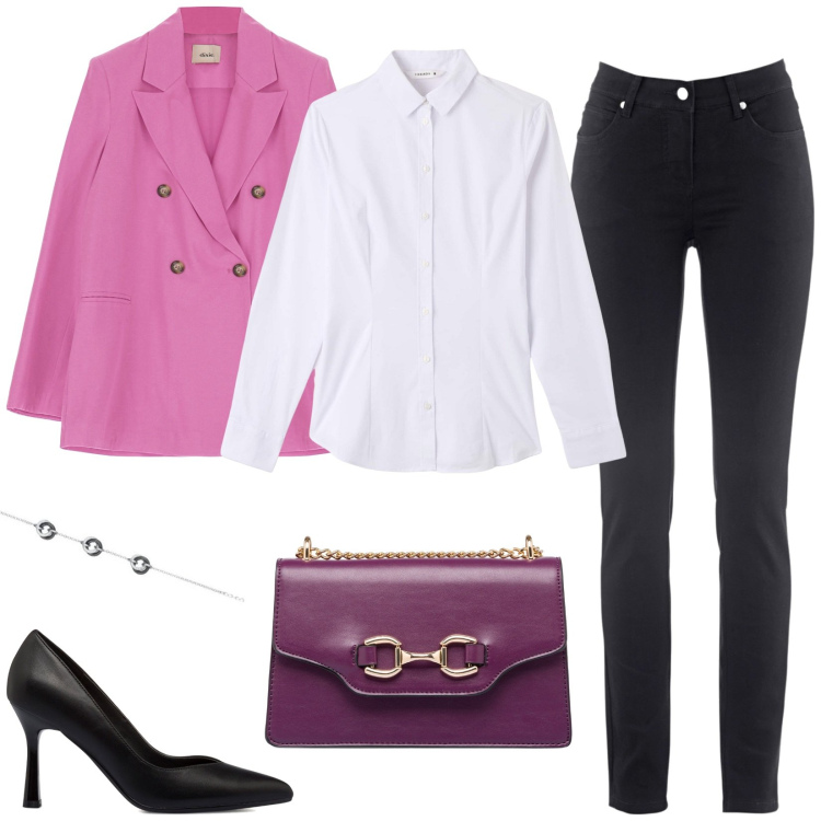 Outfit donna - Look rosa da ufficio. Stile Casual chic per Ufficio. Abbinamento con jeans slim fit, camicie, giacche, décolleté, borse a tracolla, braccialetti.