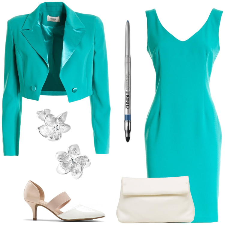 Outfit donna - Cerimonia in blu e bianco. Stile Bon Ton per Cerimonia. Abbinamento con décolleté, eyeliner, blazer, vestiti senza maniche, borse a tracolla, orecchini.