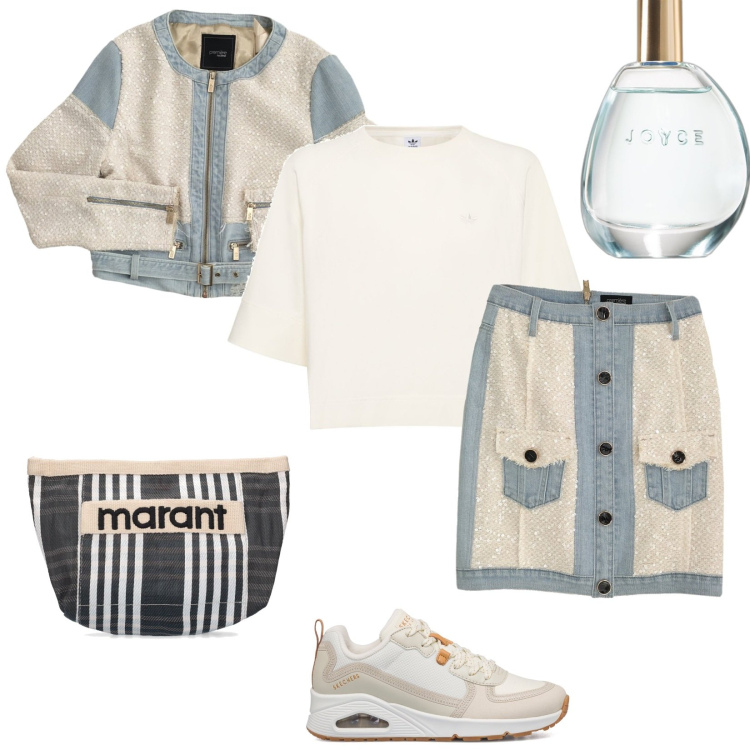 Outfit donna - Completo jeans e panna. Stile Sporty chic per Tutti i giorni. Abbinamento con profumi, gonne, bolero, sneakers, t-shirt, pochette.