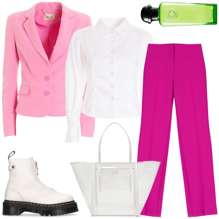 Outfit donna - Total look rosa. Stile Casual chic per Ufficio. Abbinamento con profumi, blazer, camicie, pantaloni, stivaletti, borse tote.