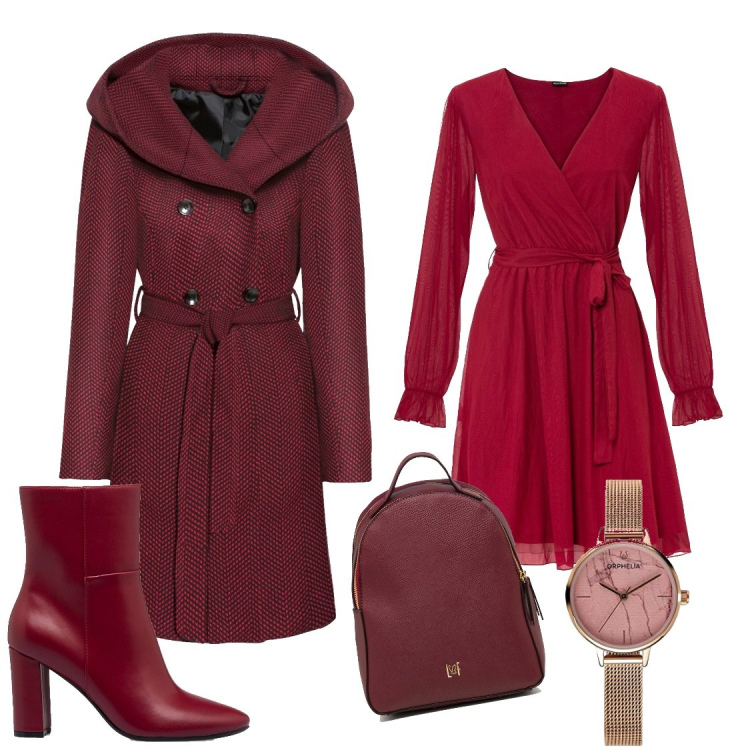 Outfit donna - Nel dubbio, vestiti di rosso. Stile Romantica per Tutti i giorni. Abbinamento con cappotti, vestiti, stivaletti, zaini, orologi analogici.