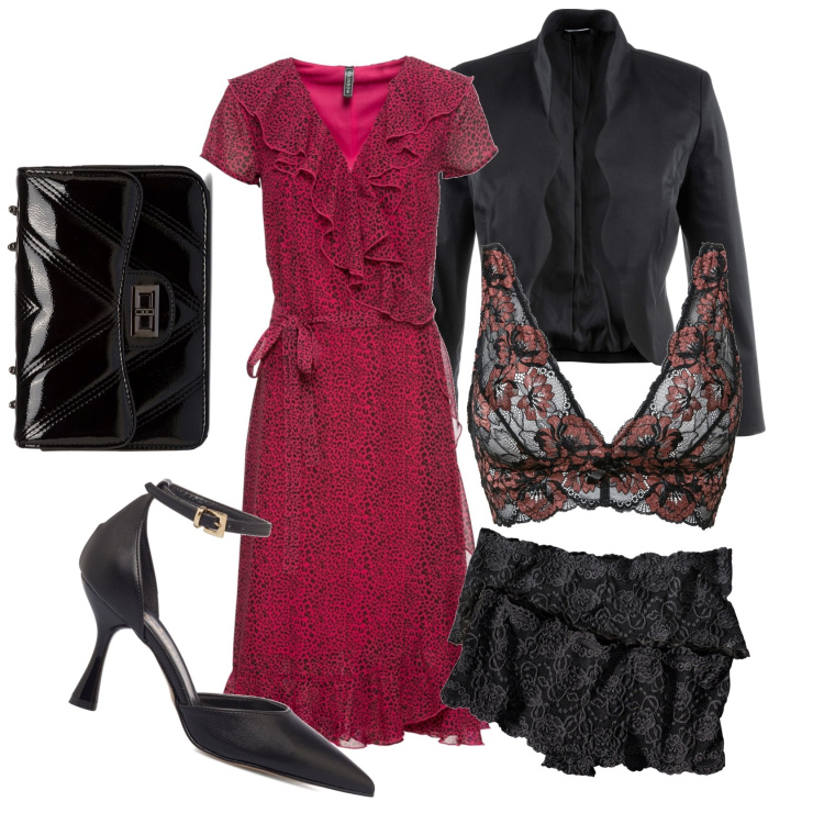 Outfit donna - Trasparenze. Stile Chic per Serata fuori. Abbinamento con culotte, vestiti midi/longuette, blazer, bralette, décolleté, borse a tracolla.