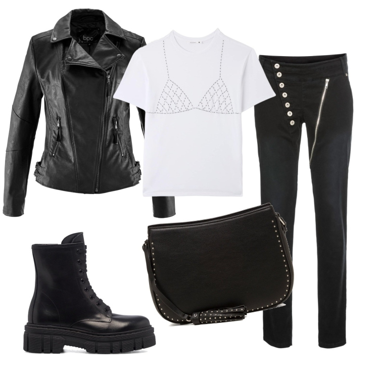 Outfit donna - Total look #1742382. Stile Rock per Serata fuori. Abbinamento con blazer, pantaloni, t-shirt, anfibi, borse a tracolla.