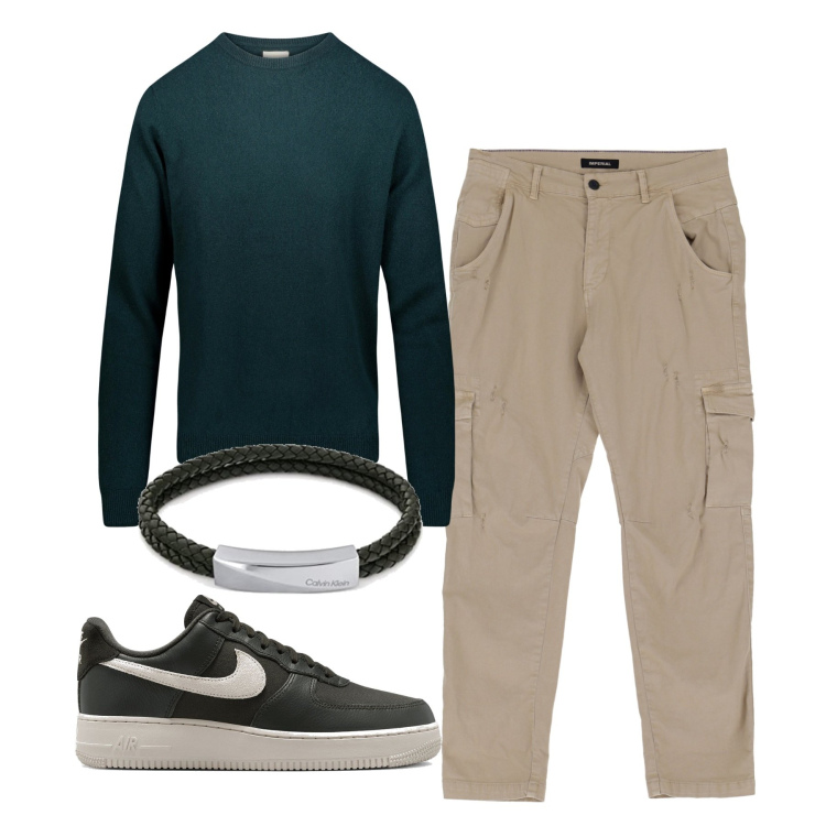 Outfit uomo - Disinvolto in cargo. Stile Casual per Tutti i giorni. Abbinamento con pantaloni, sneakers, maglieria, braccialetti.
