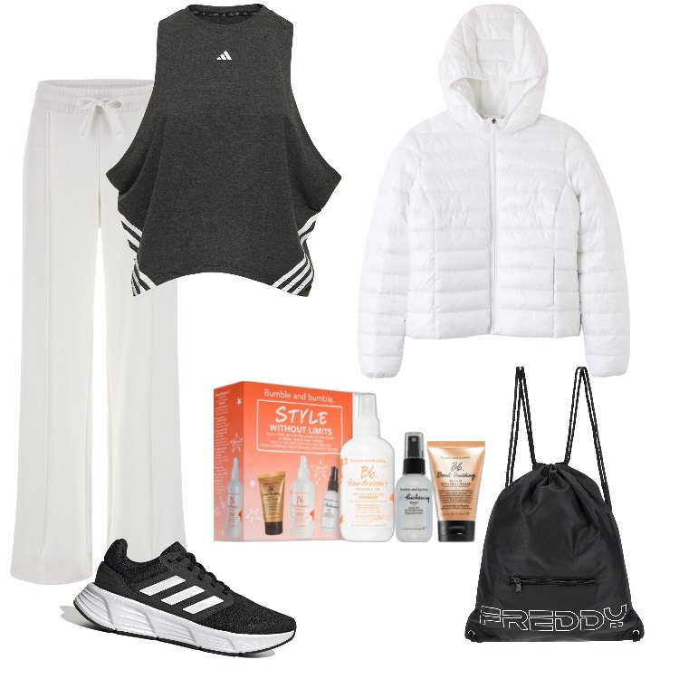 Outfit donna - Sport, ma capelli sempre a posto - 13/10. Stile Trendy per Sport. Abbinamento con primer, piumini, zaini, pantaloni a palazzo, scarpe sportive, canottiere.
