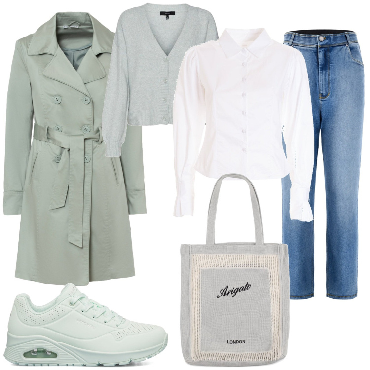 Outfit donna - Verde acqua in città. Stile Trendy per Tutti i giorni. Abbinamento con trench, camicie, jeans, cardigans, sneakers, shopping bag.