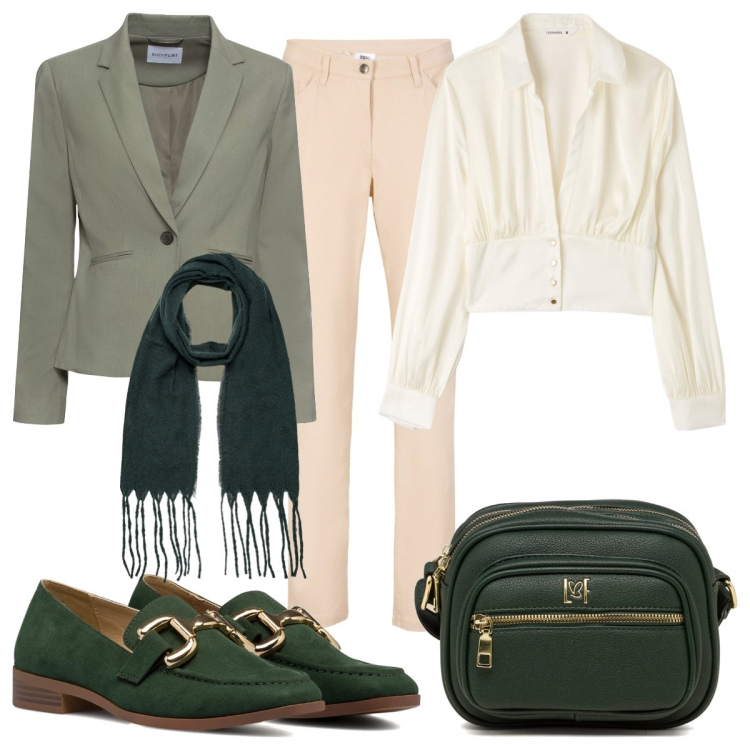 Outfit donna - I mocassini verdi. Stile Casual per Ufficio. Abbinamento con blazer, pantaloni, camicie, borse a tracolla, mocassini, sciarpe.