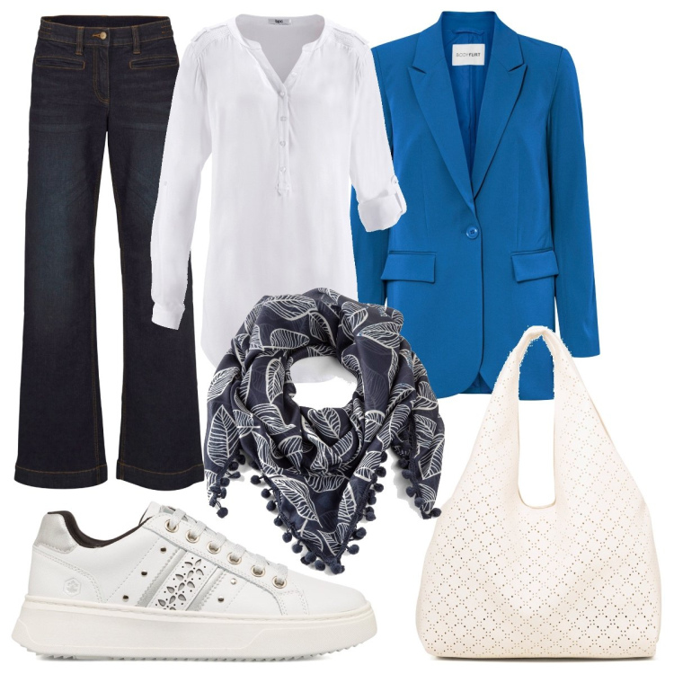 Outfit donna - La giacca blu elettrico. Stile Casual per Ufficio. Abbinamento con jeans, tuniche, blazer, foulard, sneakers, borse a spalla.