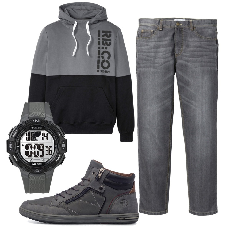 Outfit uomo - Total look #1742521. Stile Casual per Tutti i giorni. Abbinamento con felpe con cappuccio, jeans dritti, sneakers alte, orologi digitali.
