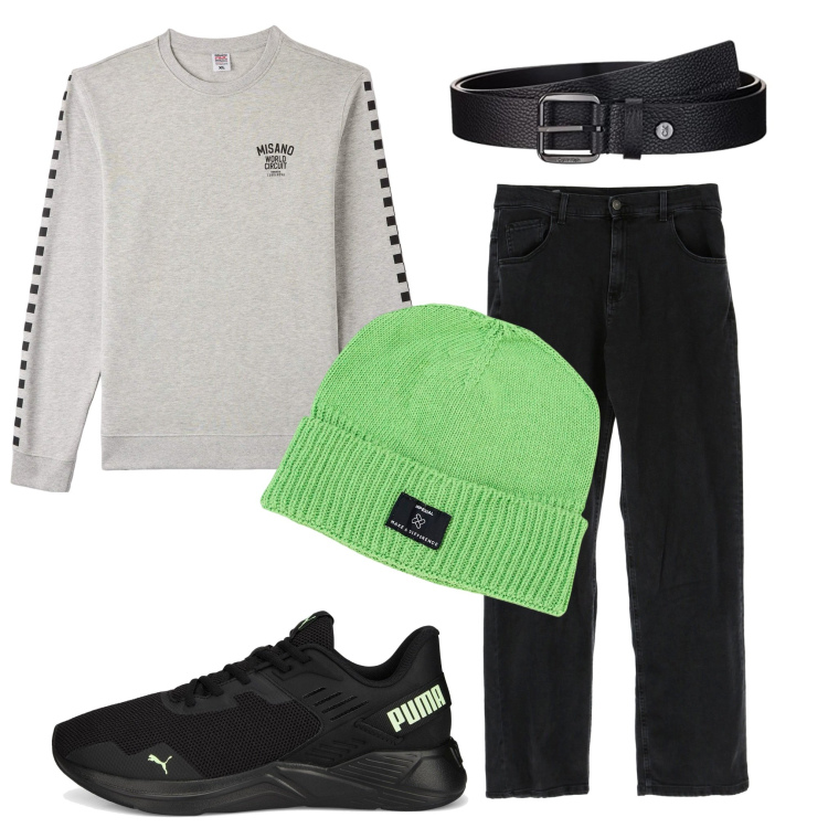 Outfit uomo - Total look #1742531. Stile Casual per Tutti i giorni. Abbinamento con felpe, jeans dritti, berretti, sneakers, cinture.