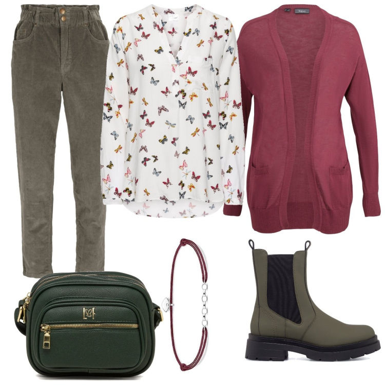 Outfit donna - Verde bosco e farfalle. Stile Casual per Tutti i giorni. Abbinamento con bluse, jeans, cardigans, stivaletti, borse a tracolla, braccialetti.