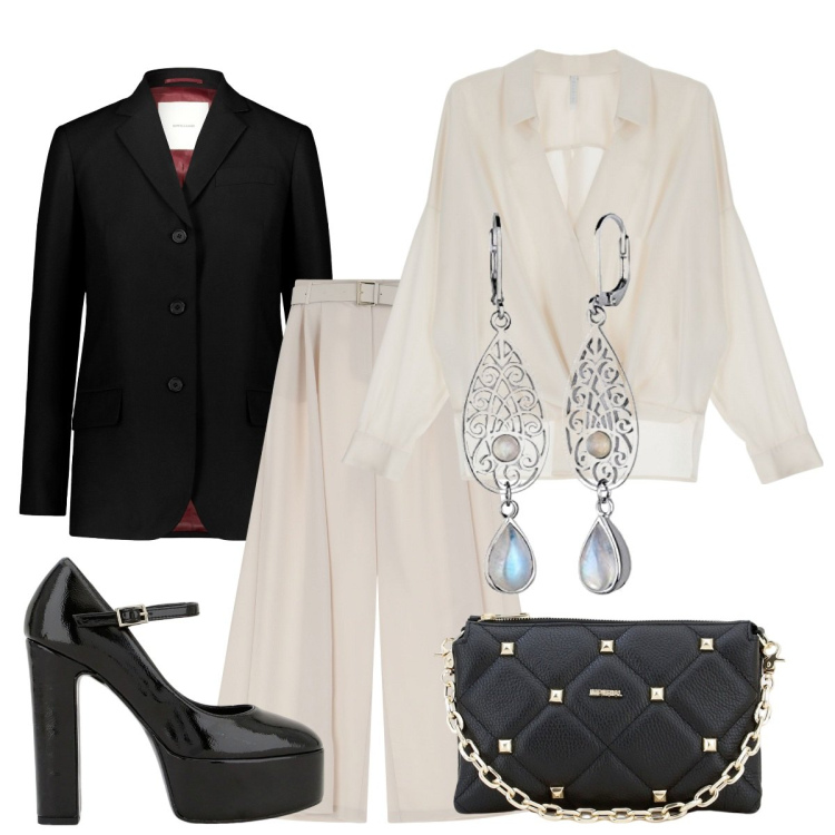 Outfit donna - Total look #1742538. Stile Bon Ton per Serata fuori. Abbinamento con pantaloni a palazzo, camicie, décolleté, pochette, blazer, orecchini.