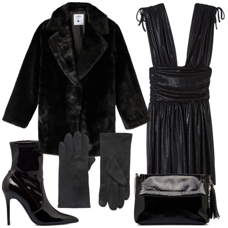 Outfit donna - Total look #1742552. Stile Trendy per Serata fuori. Abbinamento con guanti, vestiti corti, ecopellicce, stivaletti, borse a tracolla.
