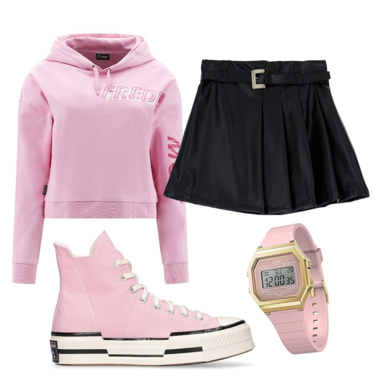 Outfit donna - Think pink. per Tutti i giorni. Abbinamento con minigonne, felpe con cappuccio, sneakers, orologi.