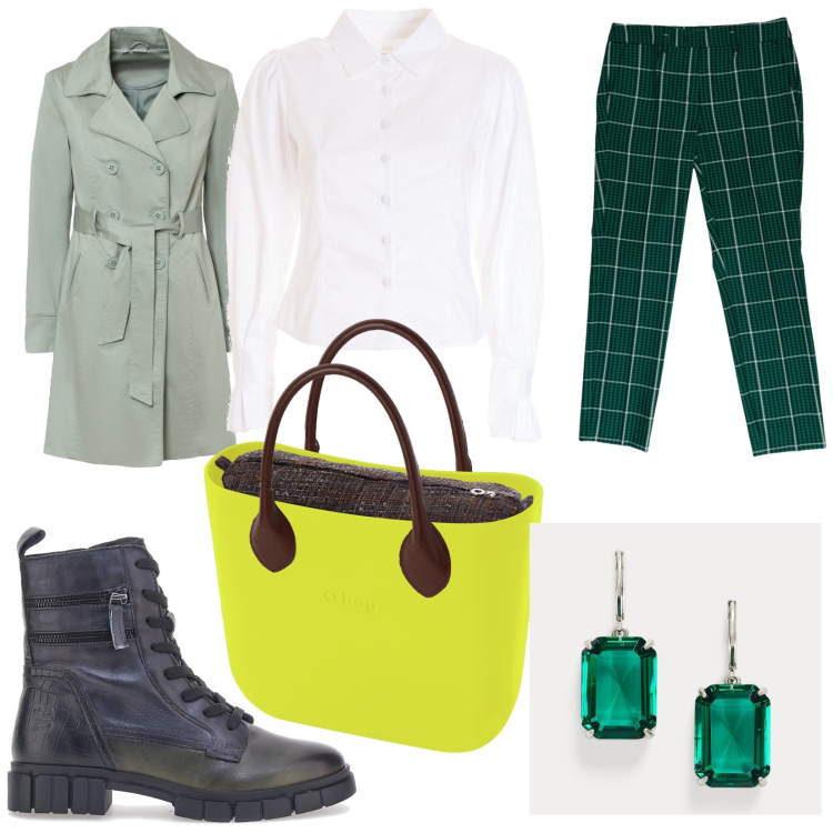 Outfit donna - Allo strett food. Stile Casual chic per Tutti i giorni. Abbinamento con trench, camicie, orecchini, pantaloni, anfibi, borse a spalla.