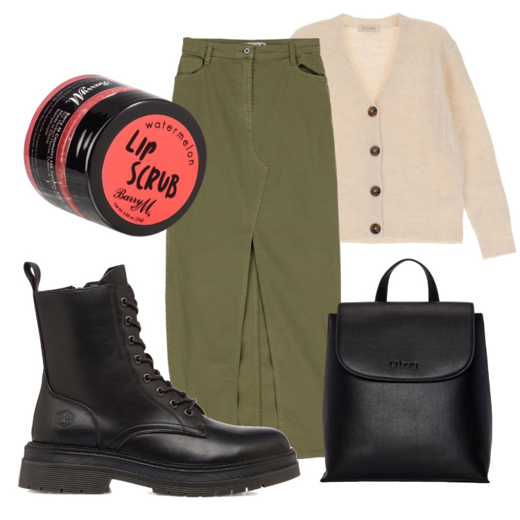 Outfit donna - Al parco. Stile Trendy per Tutti i giorni. Abbinamento con matite labbra, gonne lunghe, cardigans, anfibi, zaini.