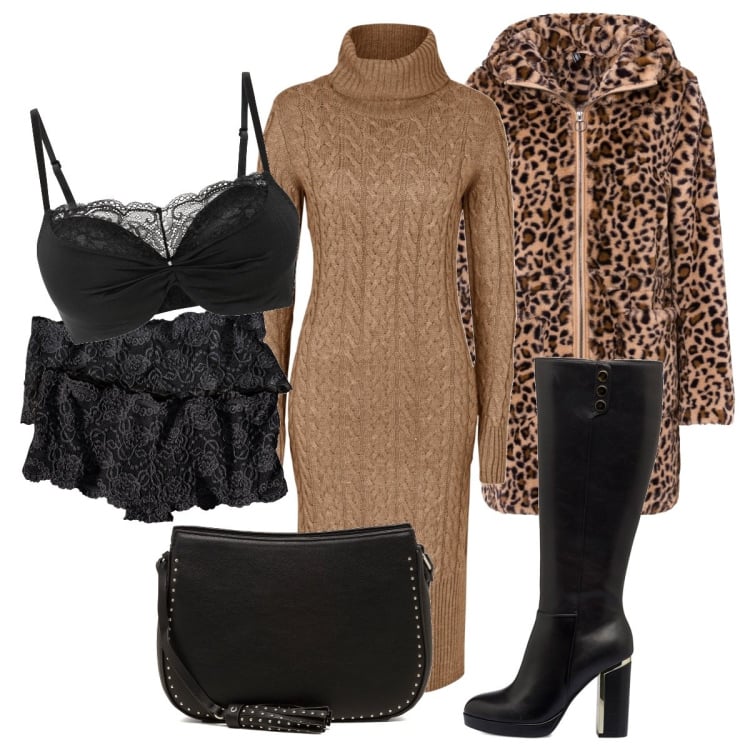Outfit donna - Intimo nero Bonprix- seducente. Stile Sexy per Serata fuori. Abbinamento con reggiseni push-up, culotte, vestiti midi/longuette, ecopellicce, stivali sopra il ginocchio, borse a tracolla.