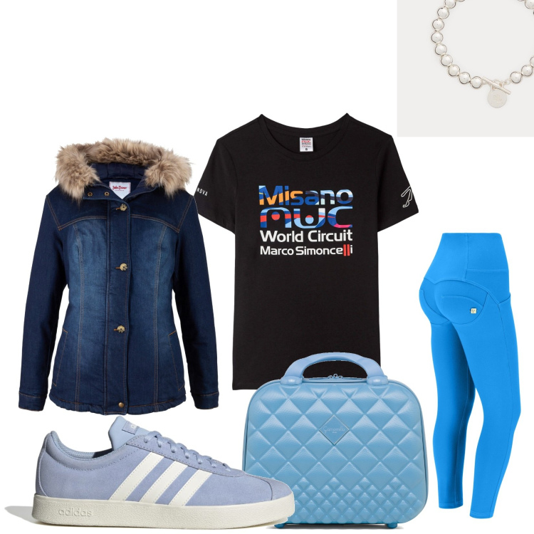 Outfit donna - A pranzo con la mia amica. Stile Trendy per Tutti i giorni. Abbinamento con cappotti, t-shirt, pantaloni skinny, braccialetti, sneakers, valigie.