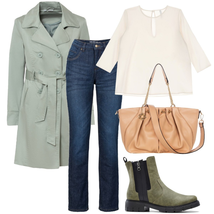 Outfit donna - Il trench verde salvia. Stile Casual chic per Ufficio. Abbinamento con trench, stivaletti, jeans dritti, borse a spalla, camicie.