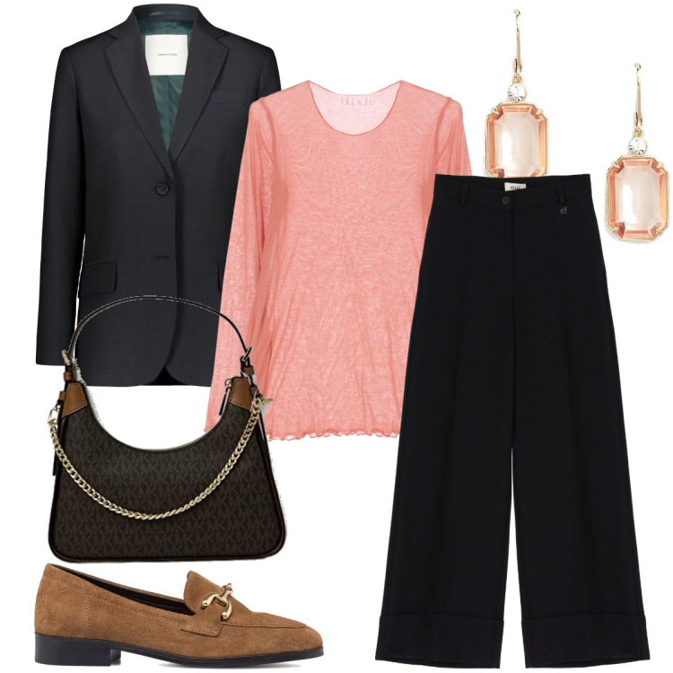 Outfit donna - La blusa albicocca. Stile Mannish per Ufficio. Abbinamento con pantaloni a palazzo, maglieria, orecchini, mocassini, blazer, clutch.