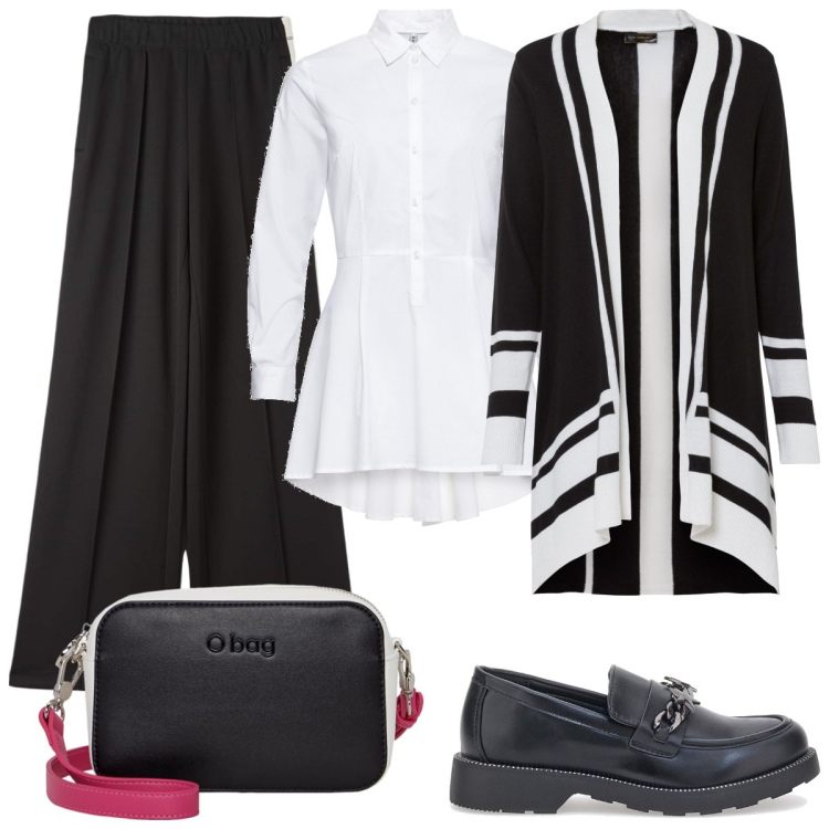 Outfit donna - Geometrie in bianco e nero. Stile Casual per Serata fuori. Abbinamento con camicie, cardigans, pantaloni, mocassini, borse a tracolla.