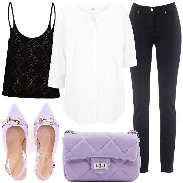 Outfit donna - Camicia bianca. Stile Glamour per Tutti i giorni. Abbinamento con jeans dritti, camicie, top, borse a tracolla, ballerine.