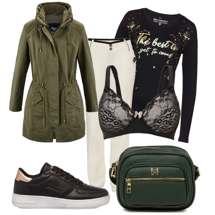 Outfit donna - La lingerie che mi piace di più. Stile Sporty chic per Tutti i giorni. Abbinamento con parka, maglieria, pantaloni, reggiseni, sneakers, borse a tracolla.