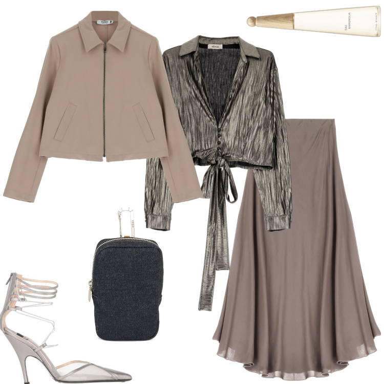 Outfit donna - Look elegante beige. Stile Chic per Serata fuori. Abbinamento con décolleté, profumi, blazer, gonne longuette, camicie, pochette.