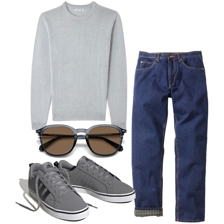 Outfit uomo - Weekend. Stile Casual per Tutti i giorni. Abbinamento con jeans dritti, maglieria, sneakers, occhiali da sole.