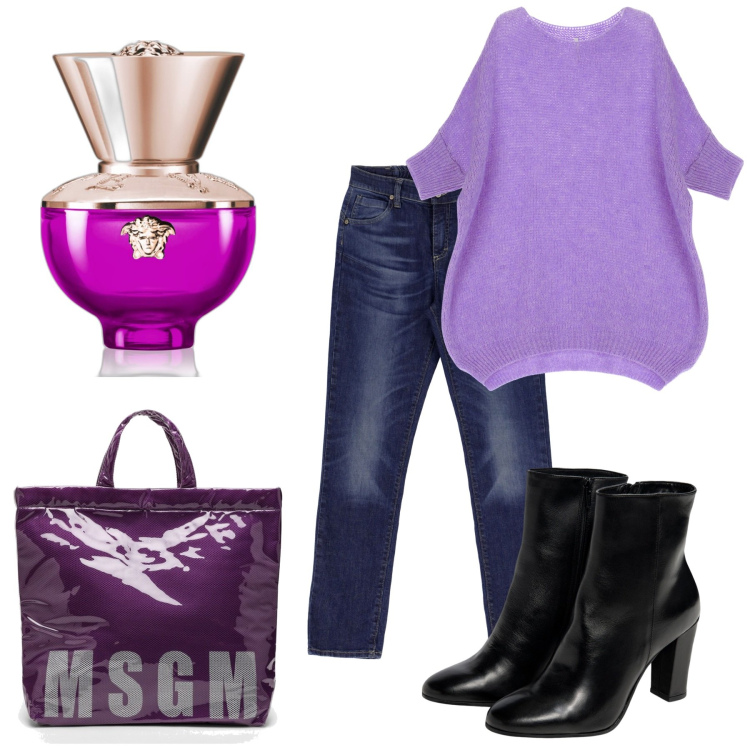 Outfit donna - I love purple. Stile Sporty chic per Tutti i giorni. Abbinamento con profumi, jeans dritti, pullovers, borse tote, stivaletti.