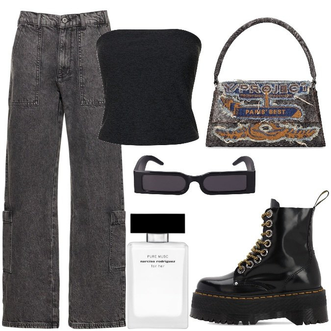 Outfit donna - Total look #1742675. Stile Urban per Tutti i giorni. Abbinamento con profumi, pantaloni, stivali, borse a spalla, top, occhiali da sole.